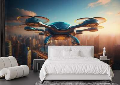 Futuristic drone flying over a modern cityscape Wall mural