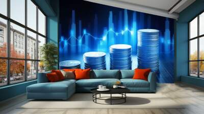 Glowing blue money coins with business diagram graph chart background. AI generated image Wall mural