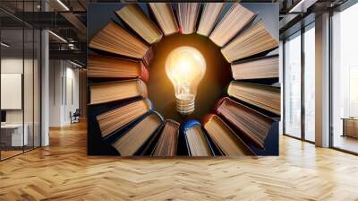 Ideas and knowledge concept image background with a glowing light bulb in middle of books in circle Wall mural