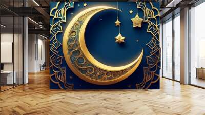 Illustration for eid al-fitr with golden crescent moon on dark blue background. Wall mural