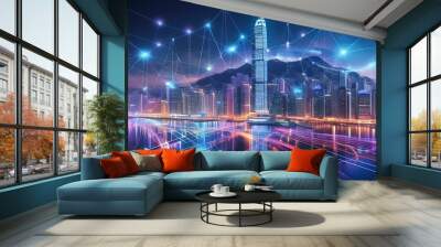 Illustration of a modern city in the digital era Wall mural