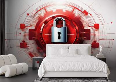 Lock symbol in digital security circle, red color on white background, tech style, futuristic Generative AI Wall mural