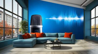 microphone with waveform on blue background, podcast banner concept Wall mural