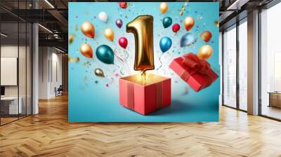 Number 1 birthday balloon celebration gift box lay flat explosion Wall mural