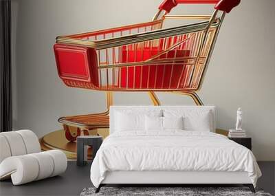 On a white background, a red shopping cart is displayed on a golden pedestal in this 3D rendering Wall mural