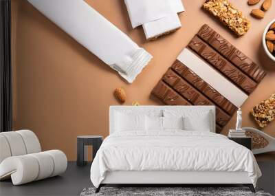 Overhead flat lay view of energy protein bar or chocolate bar snack packaging template design Wall mural