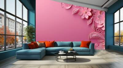 Pink background with lace-inspired floral patterns on the left side Wall mural