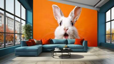 Portrait of a white cute rabbit with surprised expression on a orange background Wall mural