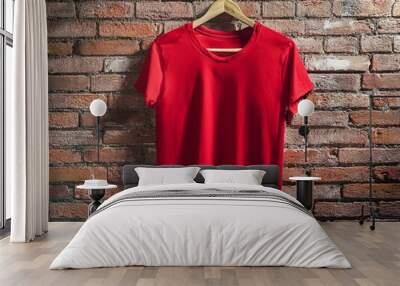 Red t-tshirt hanging against vintage brick wall Wall mural