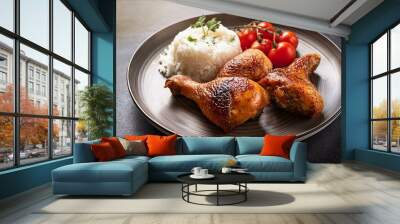 roasted chicken leg quarters with crispy golden brown skin and rice and red tomato Wall mural