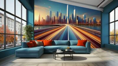 Sleek highway with city skyline in the background Wall mural