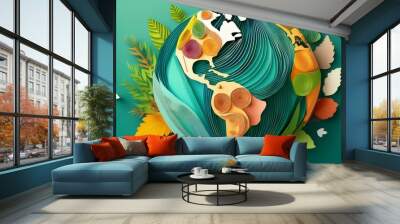 World, globe and collage art made of paper school project, humanity and eco friendly banner Wall mural