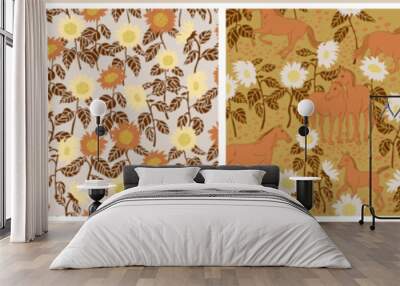 Horses and sunflowers seamless pattern, vector animal and floral collection Wall mural