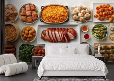 A luxurious Chinese banquet-style meal spread across a wide white table Wall mural