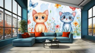 Cartoon cats with flowers and butterfly on light blue crayon backdrop Wall mural