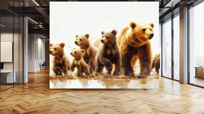 Clipart of a family of bears, including a mother and cubs, interacting in a natural setting, with each bear depicted against a clean white background. Wall mural