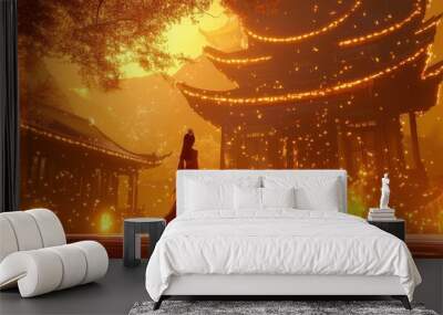 Enchanted cartoon woman glowing with magical light standing by a traditional Chinese temple Wall mural