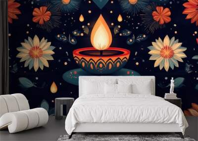 Festive Diwali pattern featuring detailed illustrations of lamps Wall mural