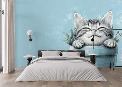 Light blue background with crayon lines and cat in pot, smiling Wall mural