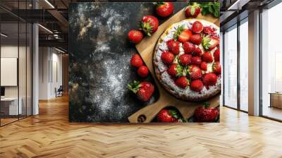 A beautiful arrangement of fresh strawberries and cake tools on a wooden cutting board for a modern cake-making workshop. Wall mural