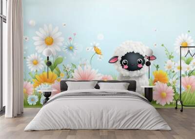 A little cartoon sheep enjoying the peaceful savannah, standing near a colorful flower field, with green meadows and a beautiful natural pond in the backdrop. Wall mural