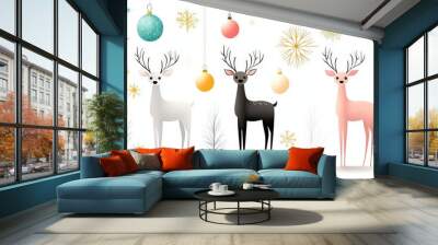 A modern Christmas pattern with sharp, angular reindeer, artistic snowflakes, and vibrant baubles, all presented in a cool color palette for a stylish holiday aesthetic. Wall mural