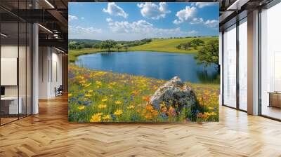 A peaceful scene of a Texas lake surrounded by rolling hills and wildflowers Wall mural