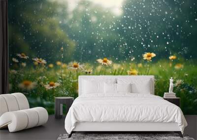 A scenic view of a meadow or field with rain gently falling Wall mural