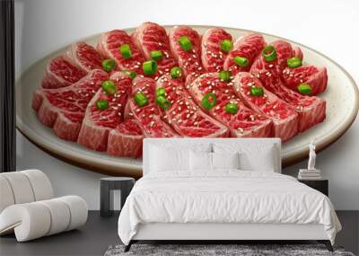 A vibrant clip art of a plate featuring grilled Kurobuta beef slices with a glossy ese sauce, garnished with sesame seeds and green onions, set against a clean white background Wall mural