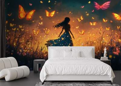 Cartoon illustration of a beautiful girl glowing enchantingly standing in a field of glowing butterflies Wall mural