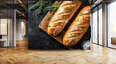 French baguettes arranged neatly on a wooden cutting board, placed on a dining table with fresh herbs, showcasing a healthy homemade bread setup.on old dark grey background Wall mural