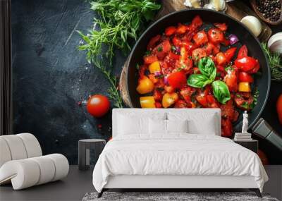 Fresh ingredients sizzling in a pan for healthy cooking Wall mural