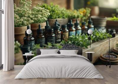 Herbal apothecary setup with tinctures and fresh herbs, close-up Wall mural