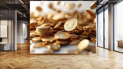 Pile of cash and abstract gold coins circulating in mid-air, isolated in a high-res 3D rendering on a white background Wall mural