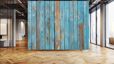 Blue wood texture painted pattern background from old and cracked vertical boards moss color with rust spots natural mossy Wall mural