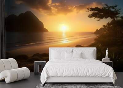 Beautiful sunset at the beach golden hour sunset, silhouette high hill cliff island and beautiful cloudy sky. Wall mural