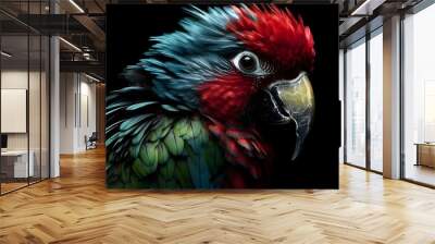 Close up portrait shot blue red Scarlet Macaw parrot bird nature blur bokeh background. Generative AI technology. Wall mural