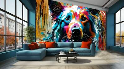 Contemporary acrylic painting fine art illustration of abstract close up of a dog face artistic print digital art. Oil painting watercolor painting. Generative AI. Wall mural