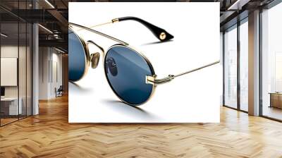 Fancy trendy modest gold color dark lens man or woman fashionable attractive round shape sun glasses at the studio shot white background. Wall mural