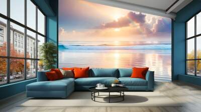 Landscape of beautiful dreamy clear blue and cloudy sky between at the beach with wave and rainbow, sunlight coming from behind the cloud as background and backdrop. Generative AI technology. Wall mural