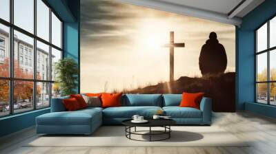 Silhouette of Christian cross in at the hill peace and spiritual symbol of Christian people. Inspiration, resurrection hope and concept. Wall mural