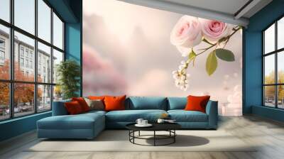 Two pink rose flower with soft white background, some love element effect with copy space for text, good for product presentation & commercial or romantic greeting or banner. Generative AI technology. Wall mural