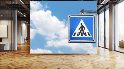 Blue, white and black pedestrian crossing sign on the sky background. Copy space for text and informations. Wall mural