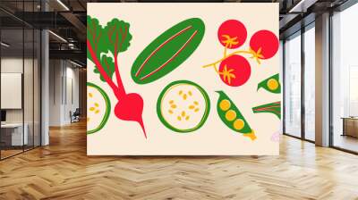 Cute appetizing Vegetables collection. Decorative abstract horizontal banner with colorful doodles. Hand-drawn modern illustrations with Vegetables, abstract elements.  Wall mural