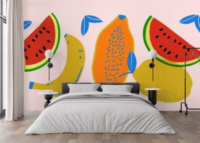 Fruits and berries abstract illustration. Hand drawing poster. Funny colored typography poster, apparel print design, bar menu decoration. Tropical Fruits and berries still life.  Wall mural