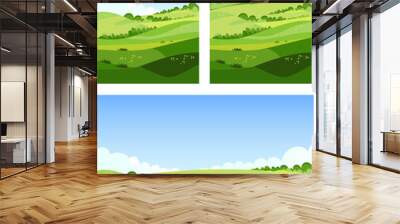 Landscape in the Alps with fresh green meadows and trees, fields and mountain tops in the background. Cartoon vector illustration. Flat design Wall mural