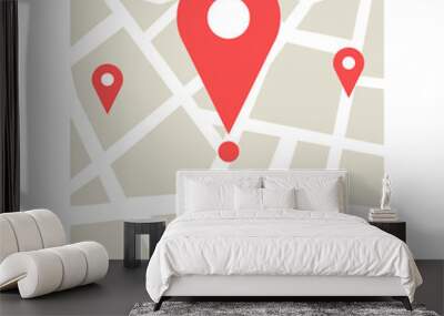 Map with pin. Red direction pointer on folded city map, gps navigation and travel location. Vector illustration in cartoon style. Position search sticker 3d icon Wall mural