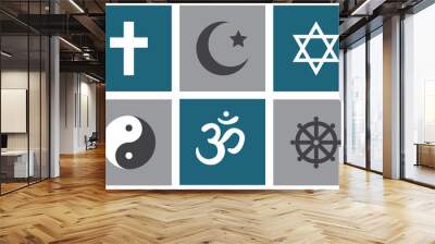 World religion symbol silhouette isolated at grey and blue square with clear background; christianity; islam; judaism; taoism; hinduism; buddhism Wall mural