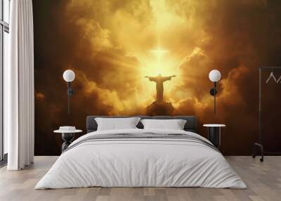 Silhouette of Jesus with arms raised towards the sky in sign of redemption and spirituality. King of the world Wall mural