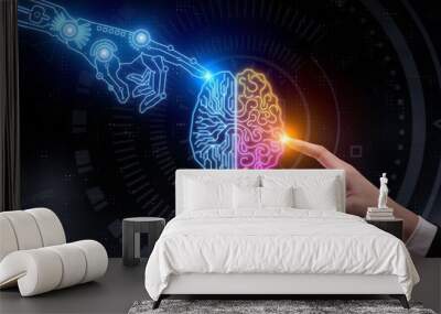  Machine learning, Chatbot, Hands of robot and human Data exchange on abstract cube network connection Wall mural